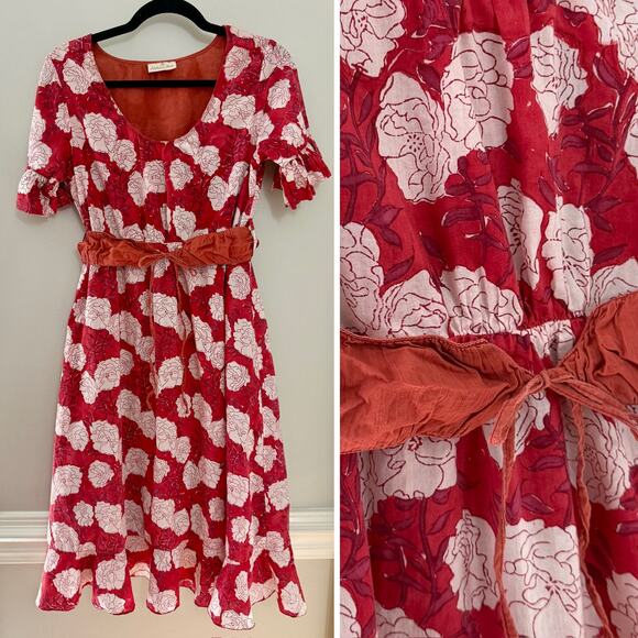 Anthropologie Bohemian Resortwear 100% Cotton Hand Block Print Midi Dress M - Picture 1 of 12